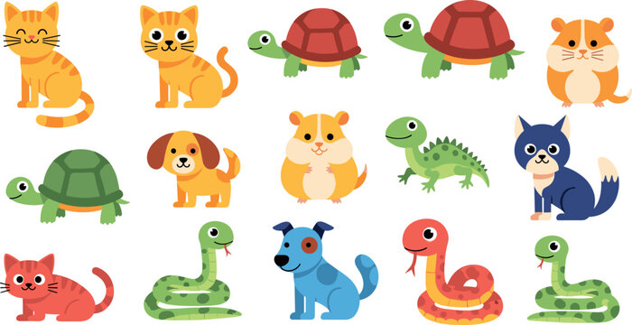 Cute Animal Vector Set with Cats, Dogs, Turtles, Guinea Pigs, Lizards, Snakes, and Other Adorable Creatures for Children&rsquo;s Illustrations, Pet Designs, and Educational Art.