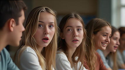 Obraz premium Surprised students faces during quiz. Expressions of shock in classroom. Students reaction to unexpected test. Capturing emotions in surprise assessments.