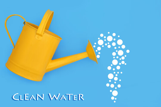 Clean water concept with yellow watering can and droplets on blue. Environmental conservation theme for sustainable water use and management.