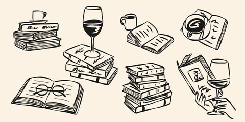 Hand drawn doodle books club illustrations