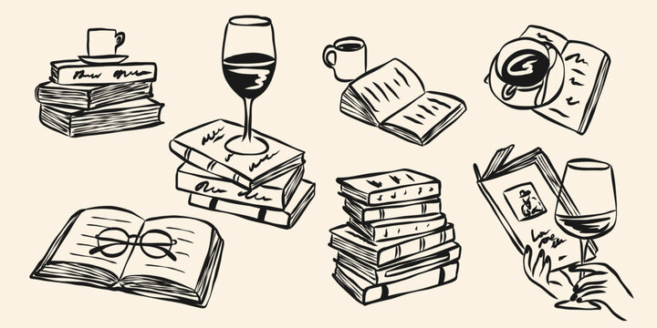 Hand drawn doodle books club illustrations