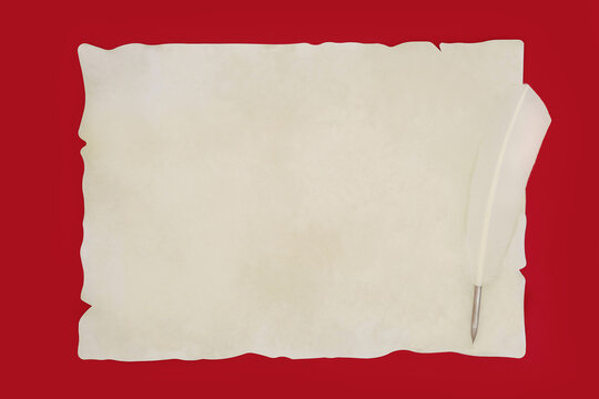 Old parchment paper with white quill feather pen on red background. Blank faded document for diploma, manuscript, love letter, invitation.