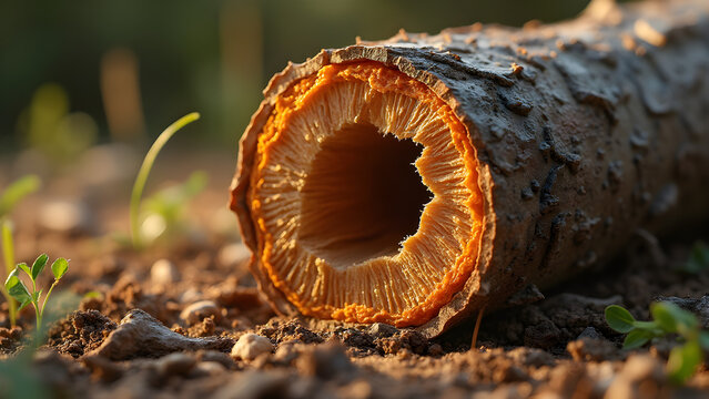 Split log fibers revealed. Ultra realistic wood texture. Interior details of a log. Nature's raw material exposed.