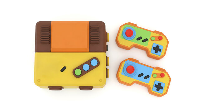 Retro 1970s Style Game Console with Wireless Controller Top View on White Background