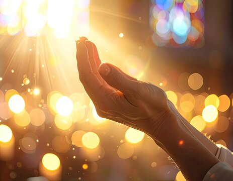A close-up shot depicts a person's hand raised in prayer or supplication against a backdrop of warm, golden light and blurred bokeh.