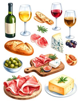 Wine and cheese gourmet food spread.
