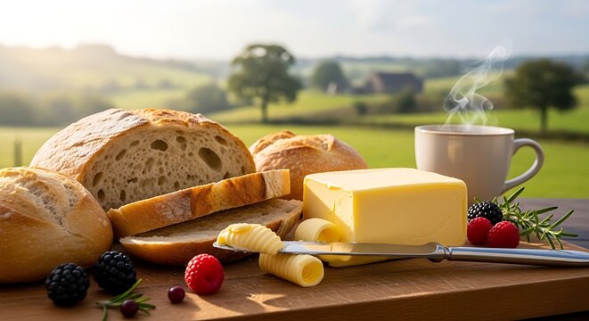 Freshly baked bread with butter and coffee on wooden board outdoors