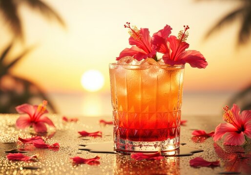 Tropical cocktail garnished with vibrant red hibiscus flowers rests on a table at sunset.