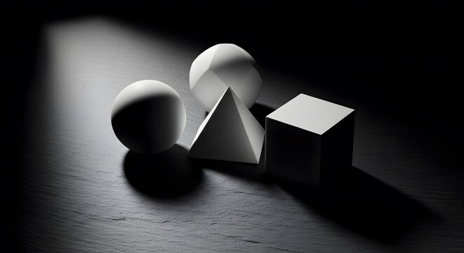 Black and white still life with basic geometric shapes under dramatic spotlight showing creative artistic graphic resource