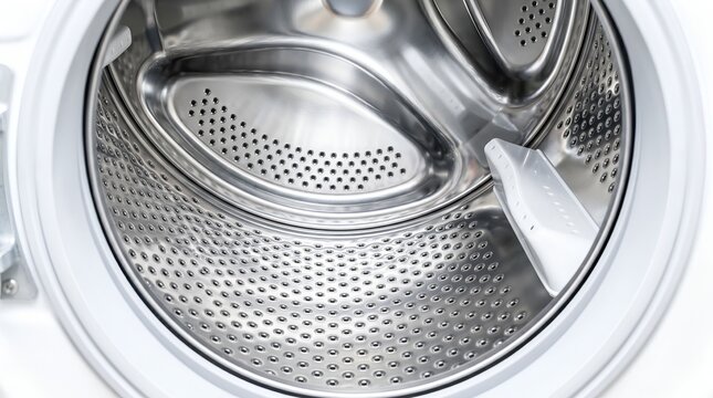 Close-up of a pristine, modern washing machine drum interior, clean home appliance