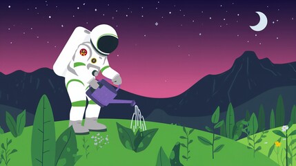 Naklejka premium Astronaut on moon surface engaged in space exploration, watering plants on a serene lunar landscape at night
