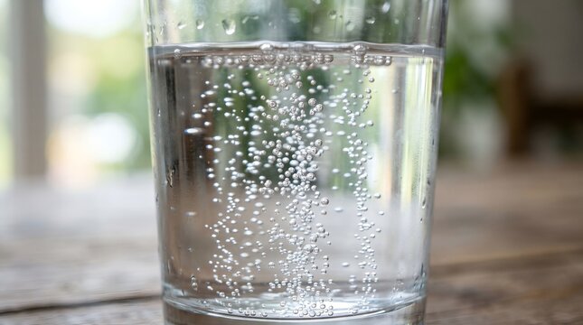 Close-up of refreshing mineral water with effervescent bubbles in a glass on a table