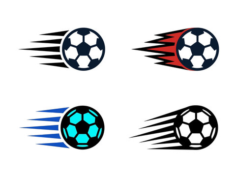 A bundle of four flat 2D football icons showing soccer balls in motion with speed lines on a white background.