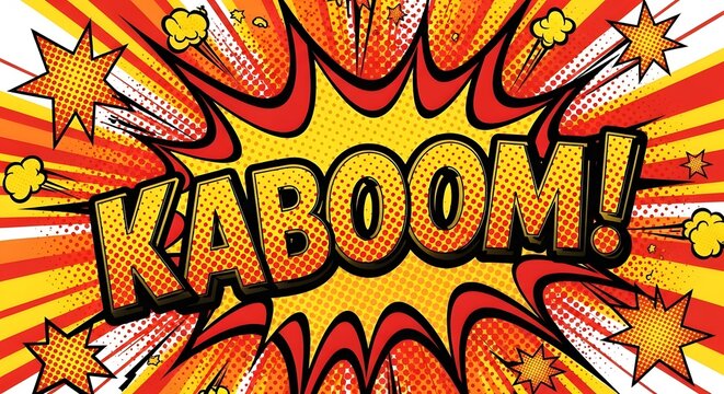Vibrant pop art explosion with bold kaboom text