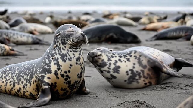 Seals resting on a rocky beach with spotted coats and natural coastal scenery.