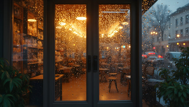 Patterns of raindrops on glass. Rain reflections on shop doors. Ultra-realistic weather art. Captivating glass door raindrop designs.
