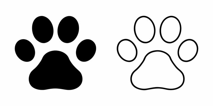 Two minimalist paw print silhouettes a solid black and a white outline on a white background