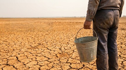 Naklejka premium Back view of a man holding an empty metal bucket standing on cracked dry soil in a vast desert landscape.