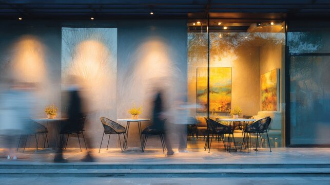 Minimalist street cafe exterior with sharp tables and clean facade. Pedestrians pass by as soft motion blur silhouettes in warm ambient light.