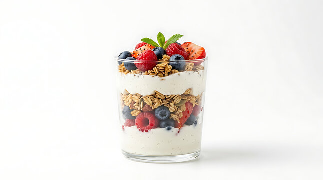 yogurt parfait layered clean white background fresh healthy breakfast dessert creamy fruit granola glass minimal natural nutrition organic snack vibrant delicious balanced texture bright simple modern
