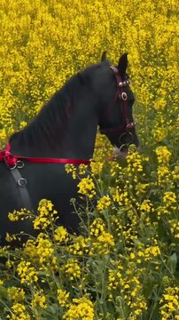 Beautiful Marwari Horse with Traditional Bridle in a Blooming Mustard Field.