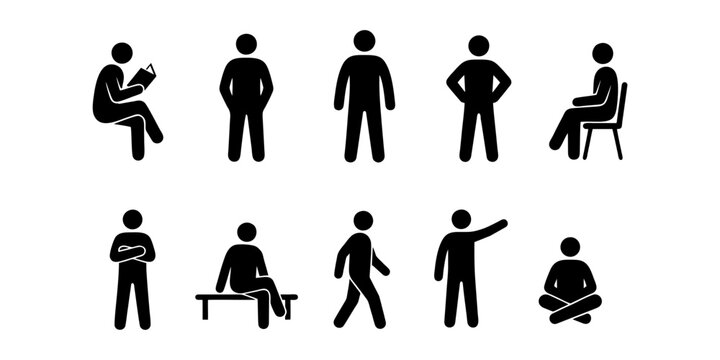 silhouette stickman icons of a person reading, standing, and sitting on a chair.