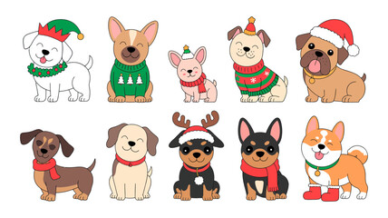 Obraz premium Cute cartoon christmas dogs illustration set with festive hats sweaters and scarves christmas illustration