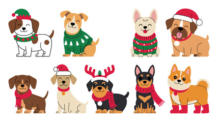 Naklejka premium Cute cartoon christmas dogs illustration set with festive hats sweaters and scarves christmas illustration