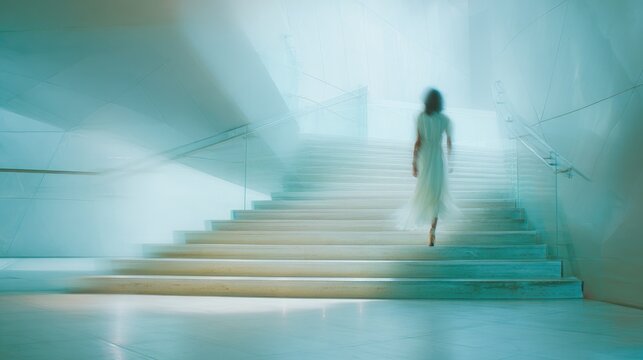 Elegant female figure descending stairs in a modern architectural space. Soft blur emphasizes movement within a clean structured layout.