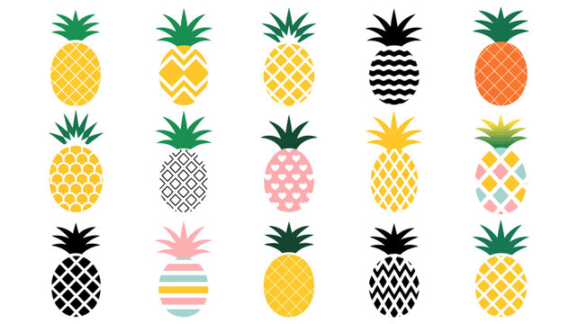 Collection of stylized pineapples with colorful patterns and modern geometric designs pineapple tropical
