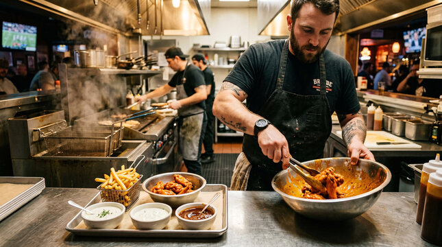 Chef preparing sauced chicken wings with fries and dips in busy sports bar kitchen