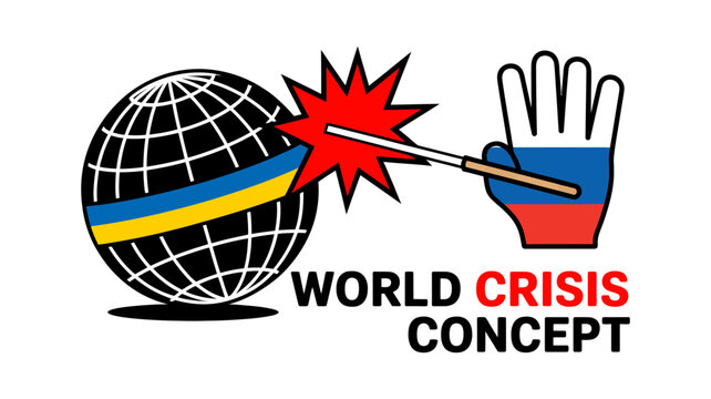 World crisis concept illustration with globe russian flag hand ukrainian flag element conflict