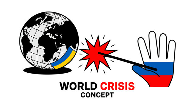 World crisis concept illustration with detailed globe russian flag hand ukrainian flag stripe conflict