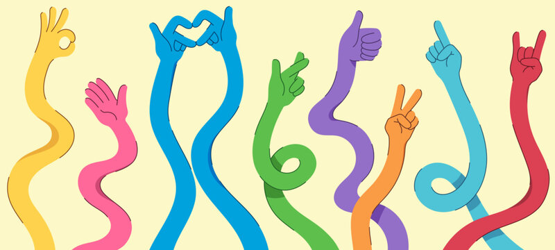 Flexible arm collection with cartoon gestures in flat vector style. Long elastic limbs showing thumb up, ok sign and victory poses. Creative modern abstract hand icons with funny expressions