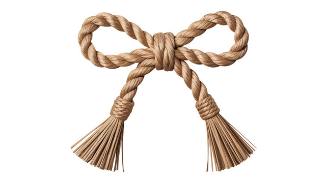 Decorative rustic hemp rope bow with tassels isolated on white background nautical decoration accessory