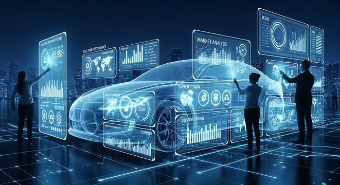 Digital car technology transparent vehicle with data projections and figures