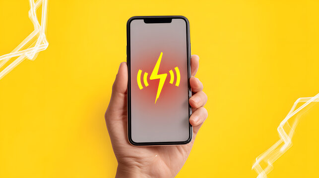 Smartphone with lightning bolt icon on yellow background, mobile device and energy illustration
