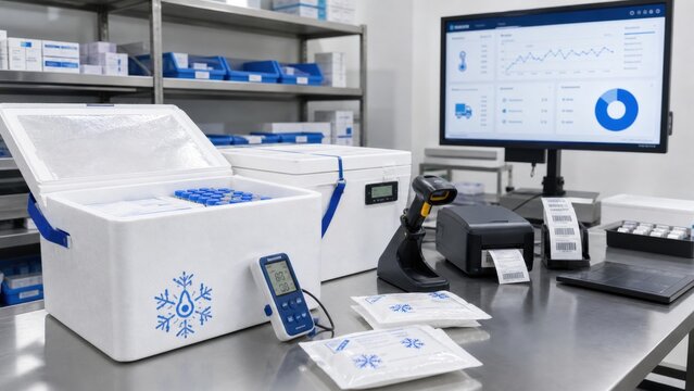 Medical supplies are organized in a laboratory with monitoring equipment and a packing station for temperature-sensitive products