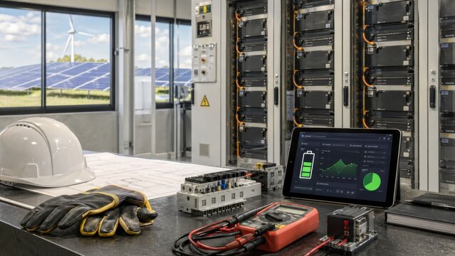 Workstation in renewable energy facility with solar panels and energy storage systems set up for monitoring and testing
