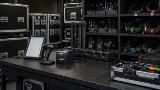 Setup of sound equipment and inventory management in a backstage audio control room for a live event in a concert venue