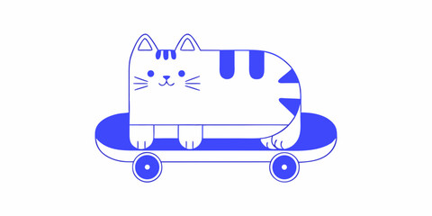 Cat on skateboard blue line drawing on white background © Milton