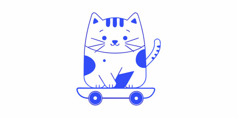 blue line drawing of a cat riding a skateboard on white © Milton