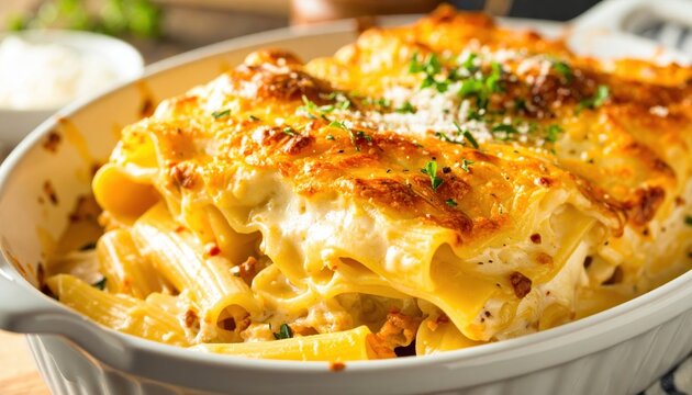 Mouthwatering baked rigatoni pasta topped with golden melted cheese and garnished with fresh herbs, served in a white ceramic dish.