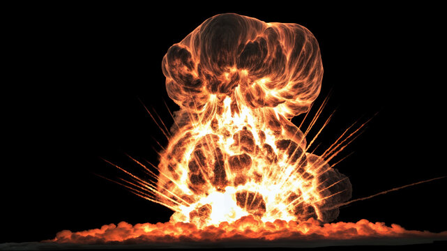 Nuclear explosion with a radiant yellow-orange core creating a mushroom-shaped cloud that extends outward with bright debris on a black background