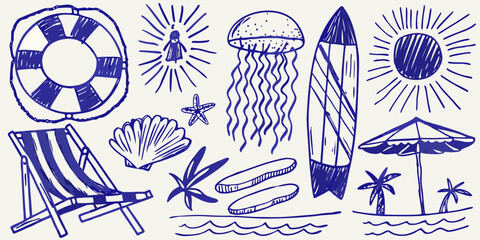 Hand drawn beach themed illustrations with life preserver jellyfish and palm trees on a blue background © Sudhakar