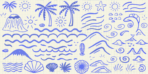 Blue hand drawn doodles of summer themes on lined paper background high quality professional detailed © Sudhakar