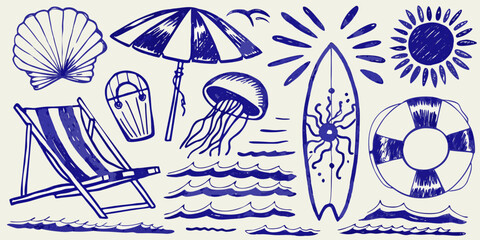 Hand drawn beach themed illustrations including a seashell surfboard and beach chair high quality professional © Sudhakar