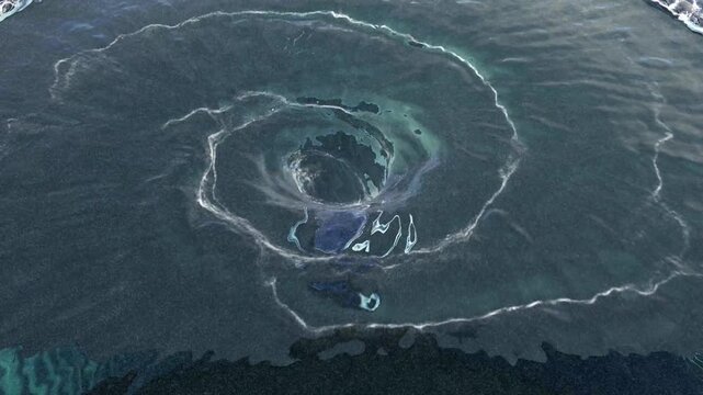 Aerial view of the beginning of a water vortex which starts slowly and accelerates until the arrival of a hole in center with a dark floor