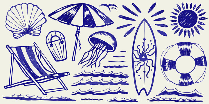 Hand drawn beach themed illustrations including a seashell surfboard and beach chair high quality professional