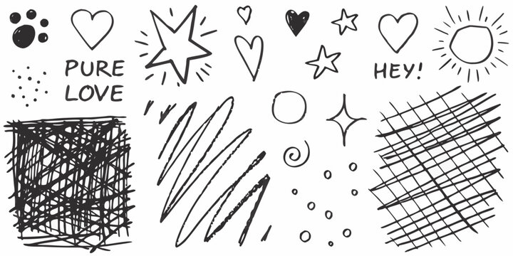Collection of black and white hand drawn doodles on a white background abstract sketch elements